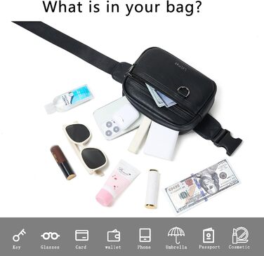 Жіноча сумка на пояс, кросбоді, з PU шкіри, водовідштовхувана, антикрадіжна, 4 відділення, чорна, на блискавці, 19.05 x 15 см, 55 см ремінець, ручне прання