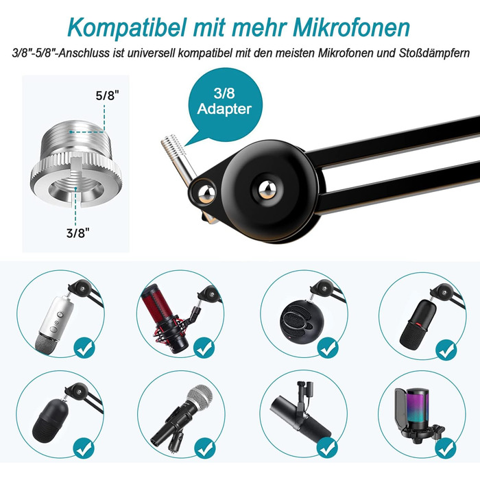 Кріплення для мікрофона на подовжувачі, регульоване, чорне. Сумісне з Blue Yeti, HyperX QuadCast. З адаптером 3/8' - 5/8'.