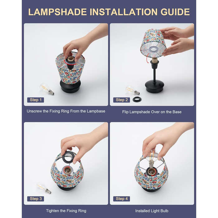 Акумуляторна настільна лампа: портативна, з регулюванням яскравості, для дому та саду. Тканинний абажур, античний метал, квітковий принт