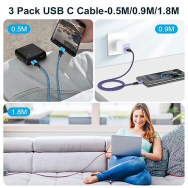 Кабель USB Type-C, 3 шт. [3м+2м+1м] для Samsung, Huawei, Xiaomi. Швидка зарядка, передача даних, нейлон.