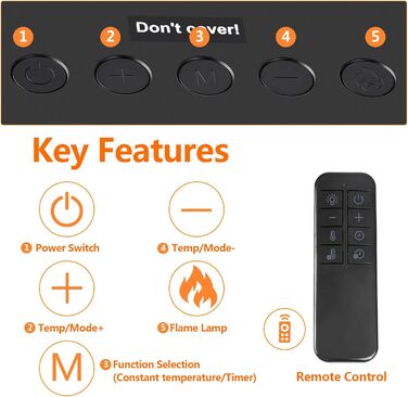 2000W Electric Fireplace with 3D Flame Lamp, Electric Heater PTC Ceramic Fan Heater with Remote Control, Heating Fan, LC Display, Energy Saving, Electric Heater for Bedroom, Living Room