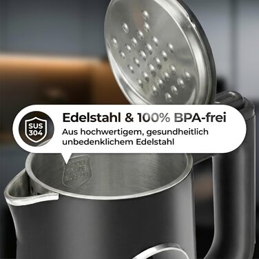 Електричний чайник Aeco AQA NEO з нержавіючої сталі, 1.7 л, 2150 Вт, без BPA, фільтр від накипу, бездротовий, CoolTouch, шампань срібло (Aqa Elite (чорний матовий))