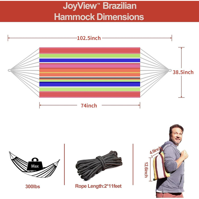 Гамак бразильський JoyView одинарний, 200x100 см, червоно-смугастий, з мотузками та сумкою для транспортування - для дому та відпочинку на природі
