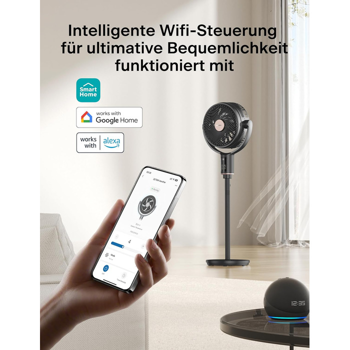 PELONIS Smart вентилятор підлоговий з осциляцією, DC мотор, 9 швидкостей, 26dB, регульована висота 36-110см, 9H