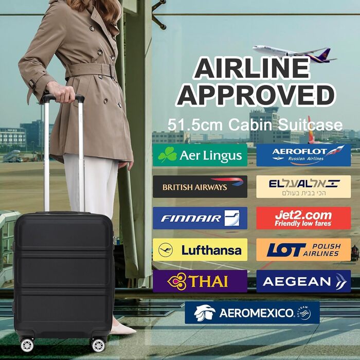 KONO Валіза-роликовий багаж середнього розміру 24 дюйми, ABS, з TSA-замком, 4 колеса, 65×44×25.5 см, Кремово-білий (Чорний, 3-частинний набір)