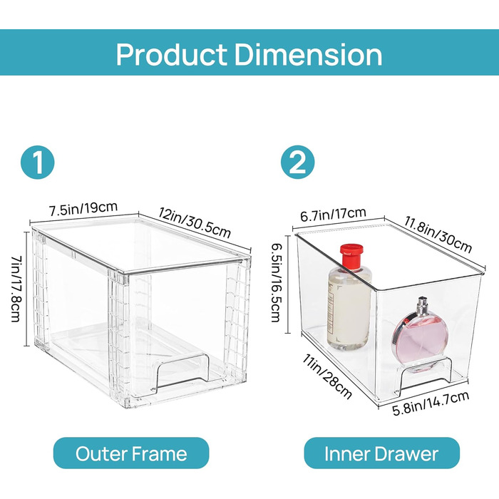 Vtopmart 4 Pack Stackable Storage Drawers, Clear Acrylic Drawer Organizers with Handles, Storage Organizer for Refrigerator, Bathroom, Closet, Pantry (4 Pack Middle)