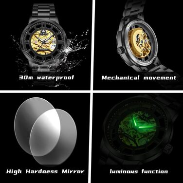 Чоловічий годинник OLEVS 6728 з автопідзаводом: механічний турбійон, водонепроникний, сталевий ремінець та підсвітка, чорний колір