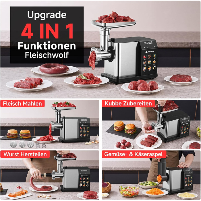 М'ясорубка електрична AAOBOSI 3000W з LED-дисплеєм, 3 швидкості, анти-затор, контейнер для зберігання, для ковбас та кібе, срібляста