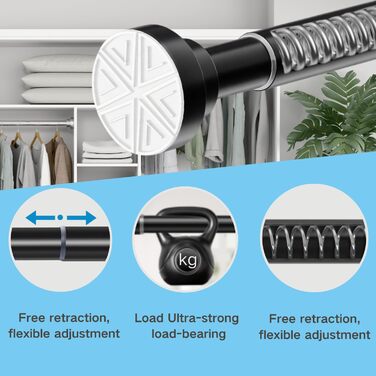 Штанга для душу з нержавіючої сталі, телескопічна, без свердління, 85-265 см, для душу та ванни, чорний колір