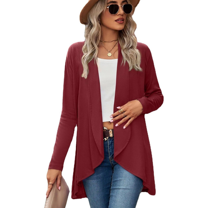 Кардиган жіночий Faulily Daen з відкритою фронтальною частиною, в'язаний, однотонний, водоспадний, зелений (XL, Бордовий)