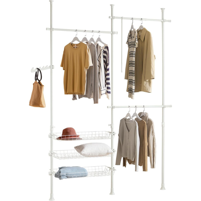 SoBuy Regal System with 3 Clothes Rails and 3 Baskets Telescopic Wardrobe System Adjustable Organization System FRG34-SCH (White)