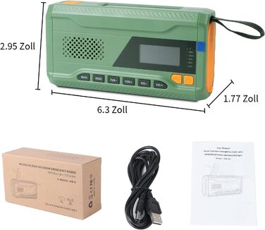 Радіо Alika для надзвичайних ситуацій: радіо з ручним приводом, FM/DAB+/DAB, сонячне, з Powerbank 4000mAh, зарядкою для телефону, USB, SOS-сигналом, ліхтарик (3 режими), для відпочинку на природі, кемпінгу (армійний колір)