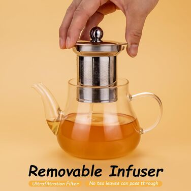 Чайник скляний Honneeo 450 мл з знімним фільтром, для листового чаю, трав'яних зборів, фруктів, 800 мл