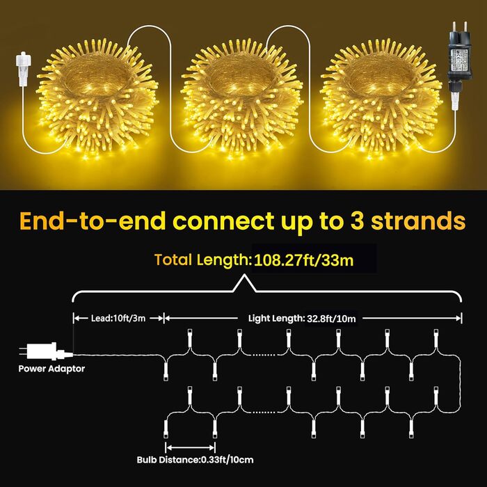 Гірлянда святкова для дому та саду, 10м, 100 LED, тепле біле світло, з таймером, вологостійка, 8 режимів, для прикраси ялинки, саду, дому