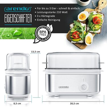 Електричний яйцевар Arendo Threecook з нержавіючої сталі - 1-3 яйця, регулювання ступеня готовності, безпечний, BPA-free