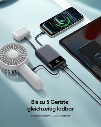 Компактний зовнішній акумулятор ADDTOP 20000mAh з 4 вбудованими кабелями, швидка зарядка 22.5W, рожевий