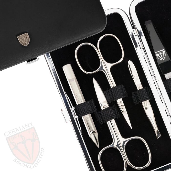 Набір для манікюру DREI SCHWERTER 'Sanremo' - німецька якість | Преміум-набір для манікюру в чорному екошкіряному етикеті | Містить: ножиці для нігтів, ножиці для кутикули, щипчики для нігтів, пінцет, алмазний наперсток та інше! Екошкіра - Чорний