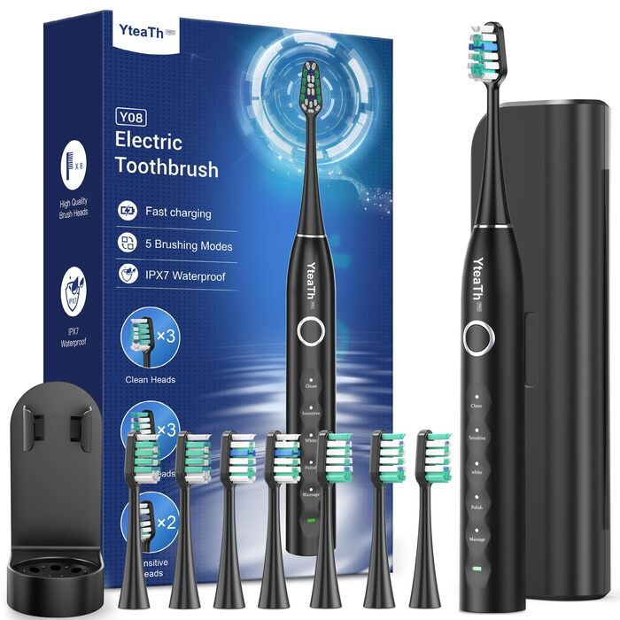 Електрична зубна щітка зі звуковими вібраціями, 8 насадок (3 типи), таймер, 120 днів роботи від акумулятора, 5 режимів чищення, чохол для подорожей, зарядний пристрій (чорний)