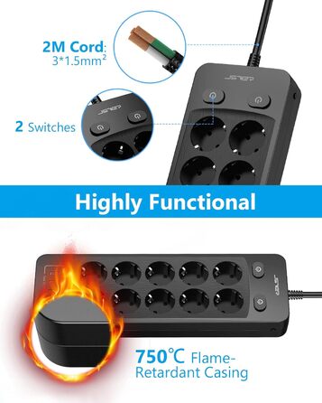 Мережева розетка JSVER 10 з USB, 4 порти зарядки, 16A, з вимикачем, 2м кабель, для смартфонів, ноутбуків, iPad – білий/чорний