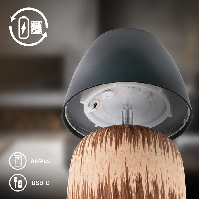 LED лампа BRILONER настільна бездротова IP44 з торканням, регульована яскравість, керамічний цоколь, нічник, лампа для читання, декоративна лампа, настільна лампа, акумуляторна лампа, для вулиці, 13,5x22 см, (антрацит-дерево)