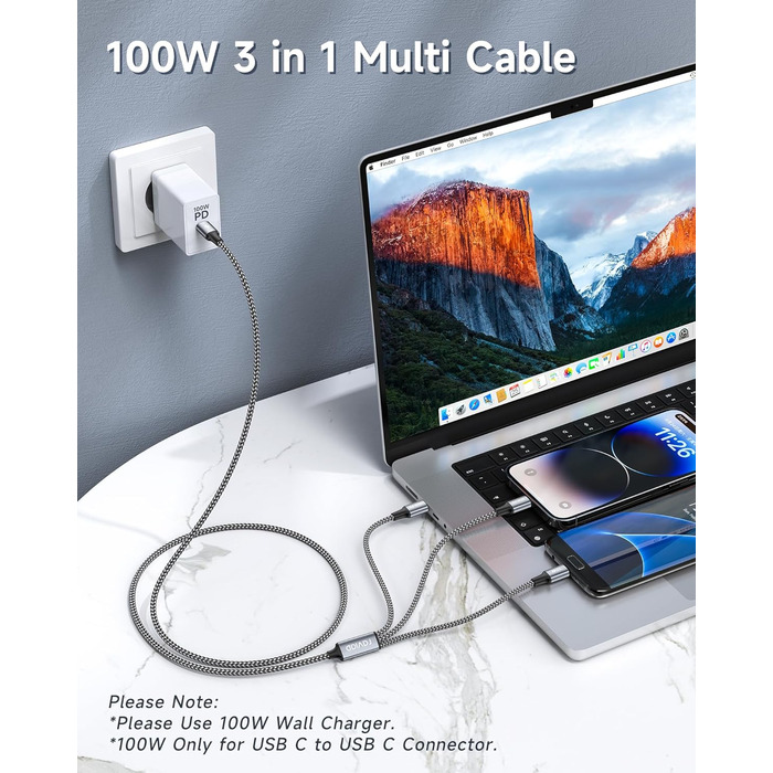 Кабель RAVIAD 100W USB-C 3-в-1 (1.2м) з E-Mark для iPhone, Galaxy, MacBook