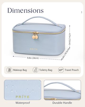 Велика косметичка для жінок, дорожня косметичка з водонепроникної шкіри, косметичний мішечок або сумочка для макіяжу з ручкою та знімним роздільником (Блакитна)