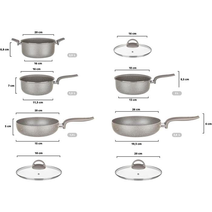 Набір каструль KASANOVA для традиційних плит, антипригарне покриття, набір посуду, здорове, швидке та рівномірне приготування їжі. Зроблено в Італії (8 предметів)