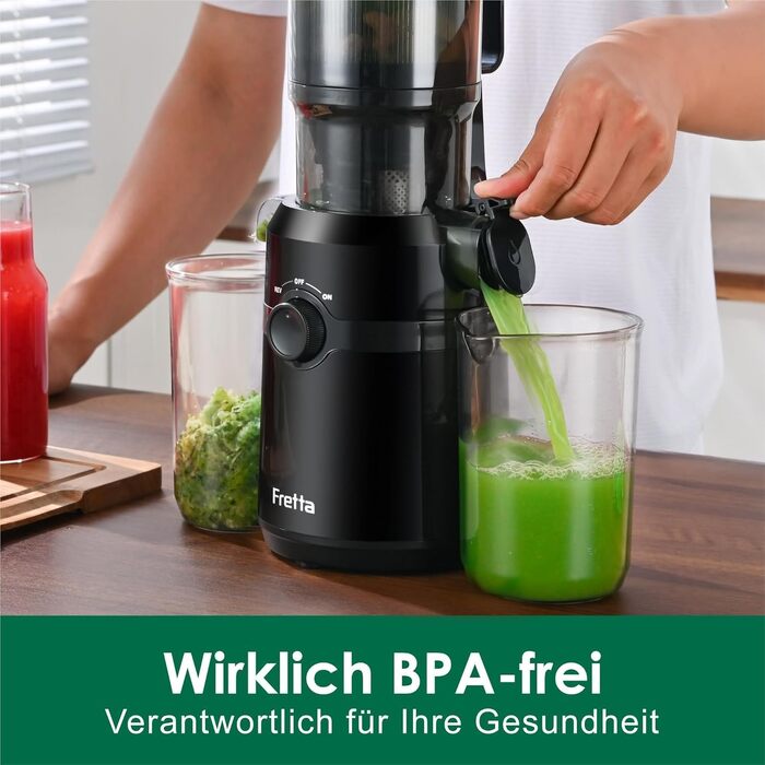 Шнекова соковижималка Fretta Slow Juicer з широким завантажувальним отвором для цілих овочів та фруктів, BPA-free Tritan, 1 л, чорна