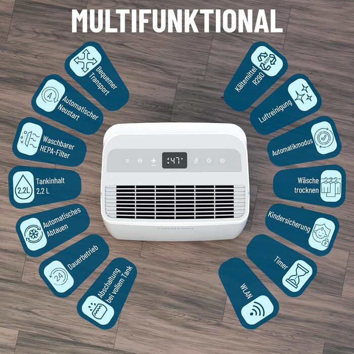 Noaton® DF 4115 WiFi: Зволожувач та очищувач повітря HEPA, 15л/24г, 5 режимів, тихий, з таймером, Wi-Fi, 3 роки гарантії, для приміщень до 50 м²