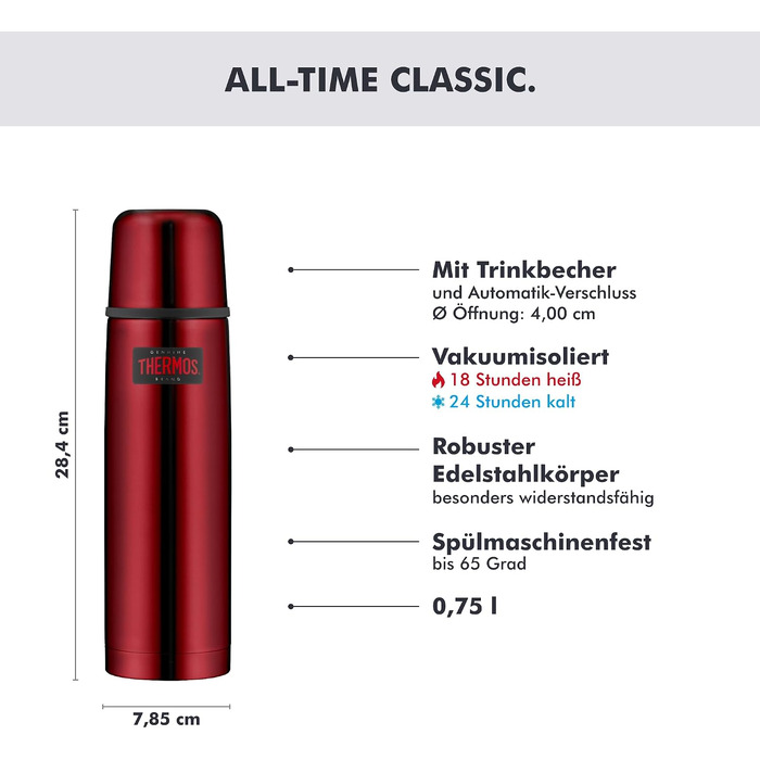 Термос Thermos Light & Compact 750 мл, нержавіюча сталь, для гарячих та холодних напоїв (24 год), з чашкою-кришкою, колір Cranberry Red Polished