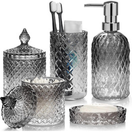 Набір аксесуарів для ванної кімнати зі скла (5 шт.) - чорний: мильниця, диспенсер для мила, тримач для зубних щіток, контейнер для ватних паличок, стакан