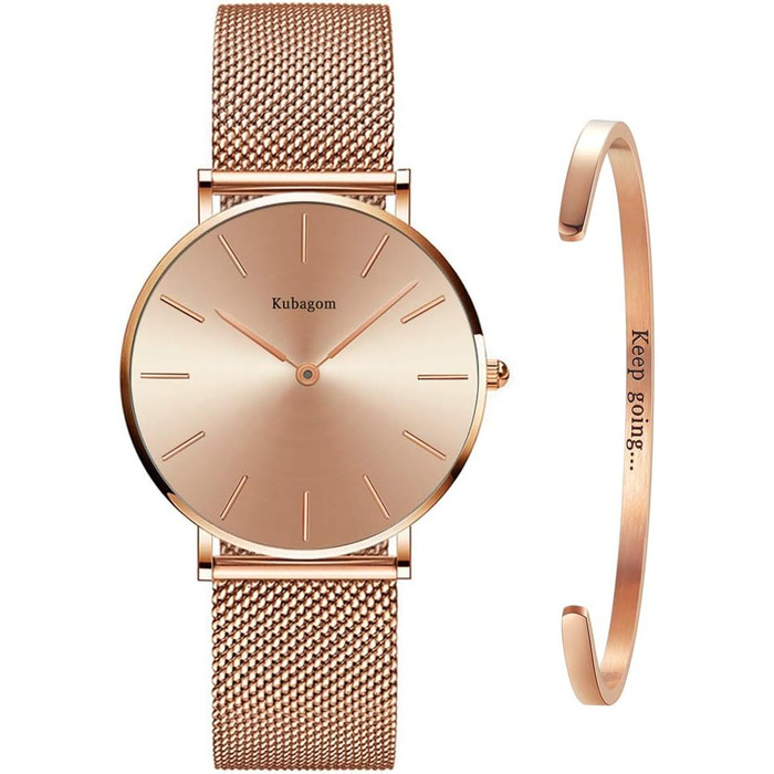 Жіночий годинник аналоговий кварцовий з нержавіючої сталі, водонепроникний, з мікросіткою, ультратонкий комплект з браслетом (рожеве золото, рожеве золото, рожеве золото)