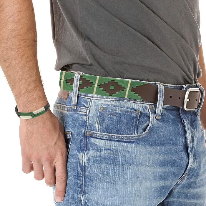 Аргентинський шкіряний ремінь з шнуром та шкіряним браслетом. Шкіряний ремінь з вишивкою для чоловіків та жінок. Аргентинські пояси (зелено-бежевий, 115)