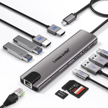 Док-станція USB-C з хабом: 2 HDMI, Gigabit Ethernet, 4 USB A, USB C 3.0, PD 100W, SD/TF, 1000Mbps RJ45, адаптер для Macbook, Lenovo, HP, Dell, Surface. Підтримка 2 моніторів