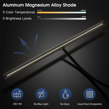 LED лампа настільна EYOCEAN 24W, 80 см, з керуванням жестами, регульоване денне світло, захист очей, для офісу, читання, архітекторів, дизайнерів, матовий чорний