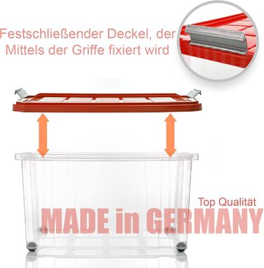BigDean 4-Piece 60L Storage Box with Lid Large Steel - Stackable, Robust Box, BPA-Free - Rollable Stack Box with Secure Click Closures - Made in Germany (Red Transparent)