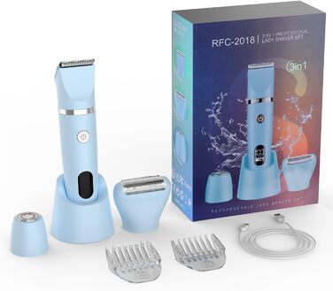 Електричний жіночий триммер 3-в-1 для обличчя, тіла та зони бікіні. Вологостійкий, з LCD-дисплеєм (Блакитний)