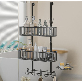 Настінна поличка для душу AIGOCITY без свердління, чорна, для скляних душових кабін, з 3 гачками, регульована висота, для шампуню та гелю для душу