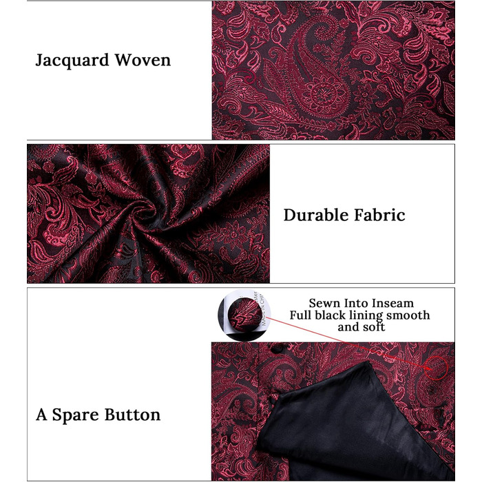 Набір DiBanGu для чоловіків: шовкова жилетка та краватка з візерунком Paisey, бант, формальна жилетка для весілля, вечірки, 6 шт. (L, Бордовий)