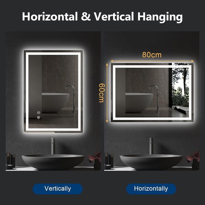 Дзеркало з підсвічуванням 70x50 см для ванної кімнати, сенсорне керування, антизапар, 3 кольори світла, регулювання яскравості