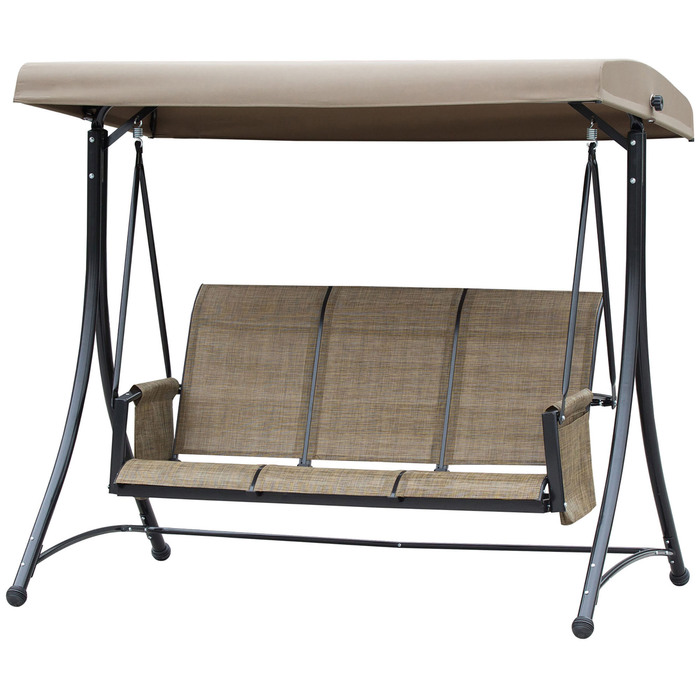 Outsunny Hollywood Swing with Side Pocket, 3-Seater Garden Swing with Adjustable Sunshade, Swing Bench Load Capacity up to 300kg, for Garden, Terrace, 196 x 128 x 172 cm, Brown | Aosom