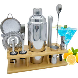 Набір бармена OBALY Barkeeper Kit: шейкер, мадлер, аксесуари для коктейлів (25oz) з бамбуковою підставкою. З рецептами коктейлів. Сріблястий колір