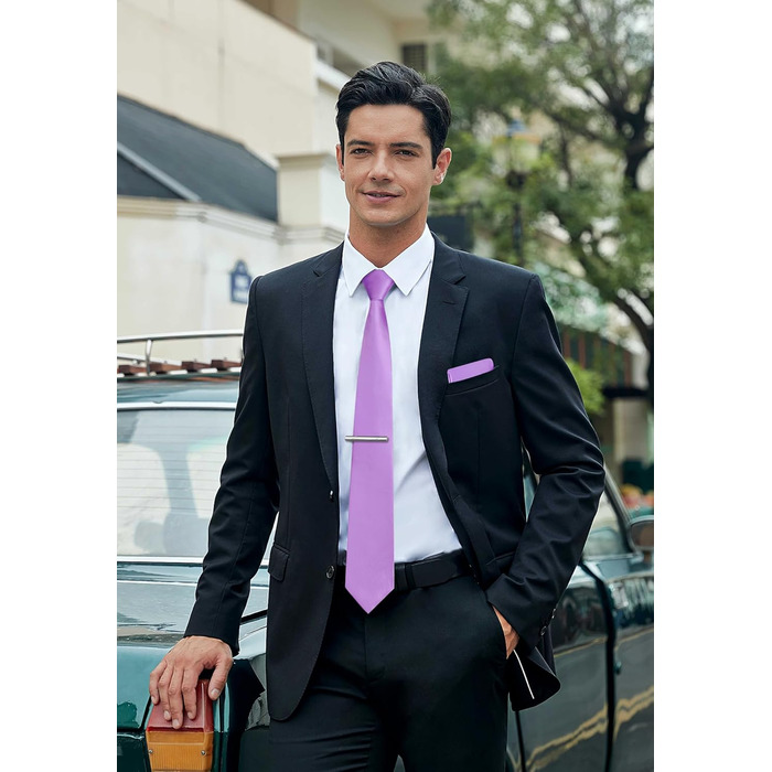 HISDERN Комплект краваток для чоловіків: краватка, нагрудна хустинка та краватки-затискач. Класичний однотонний дизайн, фіолетовий колір. Ідеально для святкових заходів, весілля та вечірок.