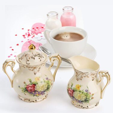 Foreigner's Zucker and Milchkännchen Set, Porcelain Ivory Coffee Serving Set Blossom Bushes Pattern Golden Leaves Edge Cream Pitcher and Sugar Bowl with Lid