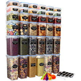 Набір контейнерів для зберігання продуктів 36 шт. з універсальною кришкою – 1 кришка для всіх 5 розмірів, герметичні та BPA-free, прозорі контейнери для їжі, з мірною ложкою та етикетками (2,4/2/1,4/0,8/0,5 л)