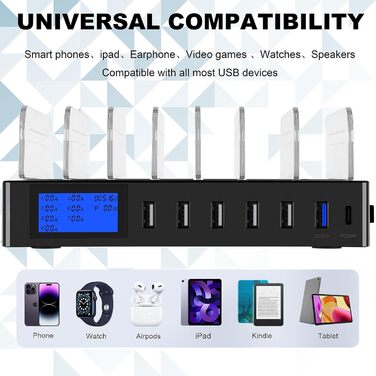 Зарядний пристрій Schnellladestation PD20W QC3.0 7-в-1 з LCD-дисплеєм, Multi-USB, для iPhone, iPad, Samsung, Huawei - Чорний