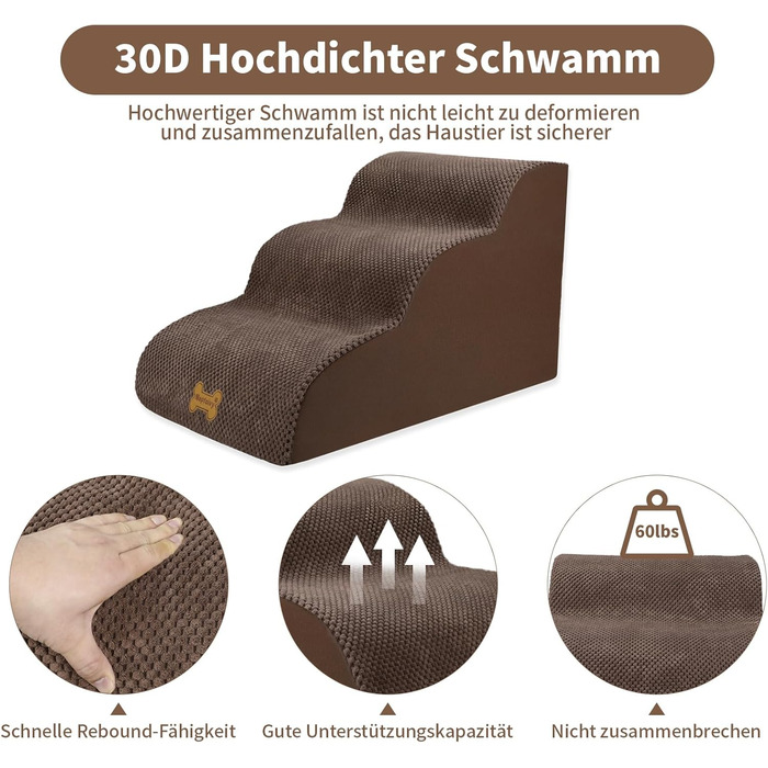 Non-slip Dog Stairs for Small Dogs 2-Step, Pet Stairs for Bed and Sofa made of High-Density Sponge, Dog Stairs Dog Ramp with Removable, Washable Cover and Non-Slip Bottom, 55x40x30cm (3 Steps Brown Dog Stairs)