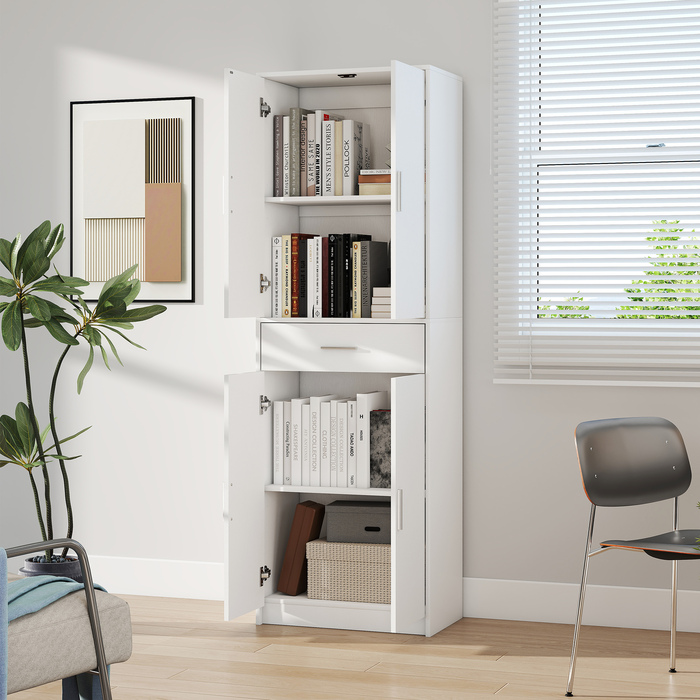 HOMCOM Kitchen Cabinet Tall Cabinet with Adjustable Shelves, 4-Door Buffet Cabinet with Drawer, Pantry Cabinet with Scandinavian Design, White | Aosom