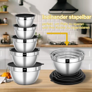 Terlulu Mixing Bowl Set of 5, Stainless Steel Bowl Salad Bowl Set with Airtight Lid, 3 Grater Attachments, 4.5L, 2.7L, 1.6L, 1.1L, 0.7L, Nesting & Dishwasher Safe