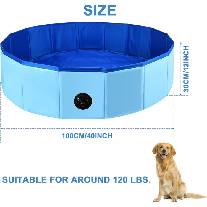 Складний басейн для собак 100x30 см - переносний басейн з ПВХ для великих собак, блакитний, з неслизьким дном